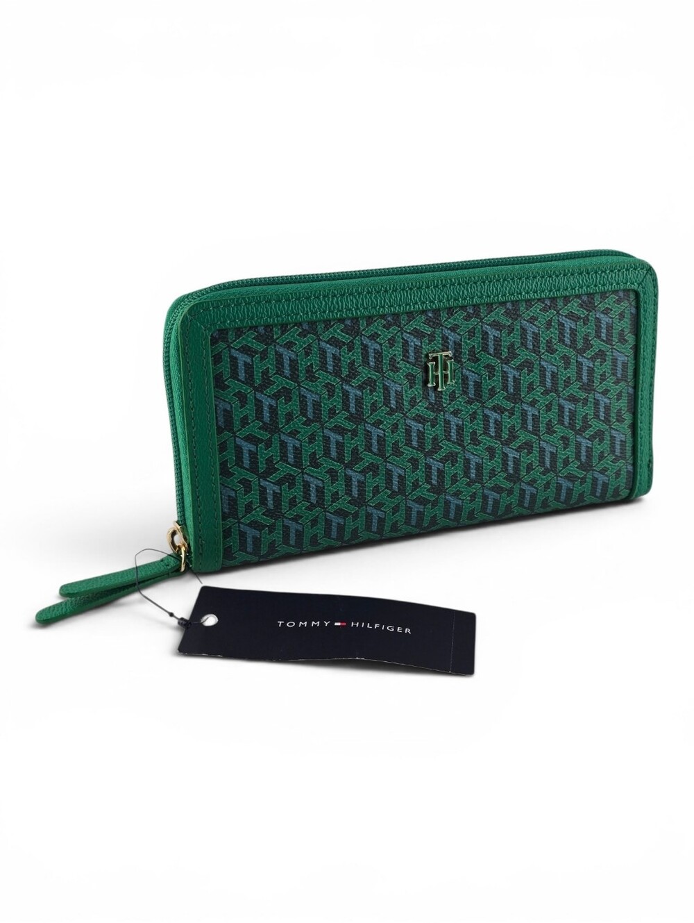 NWT Tommy Hilfiger Women's Green Alene Geometric Zip Around Wallet